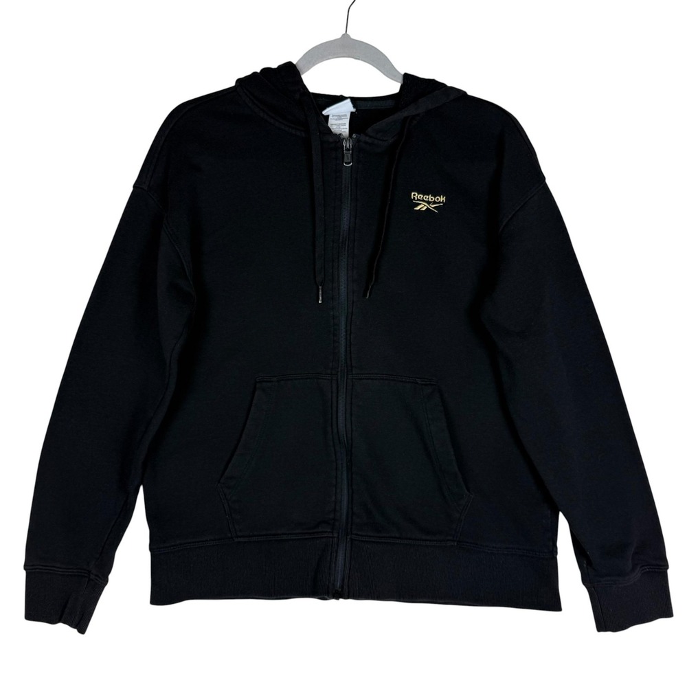 Reebok Hoodie Mens Medium Black Zip Fleece Embroidered Logo Kangaroo Pockets